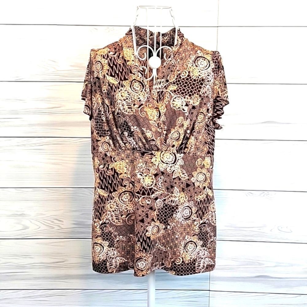 Jkla California Brown And Tan Short Sleeved Blouse Women's Size M